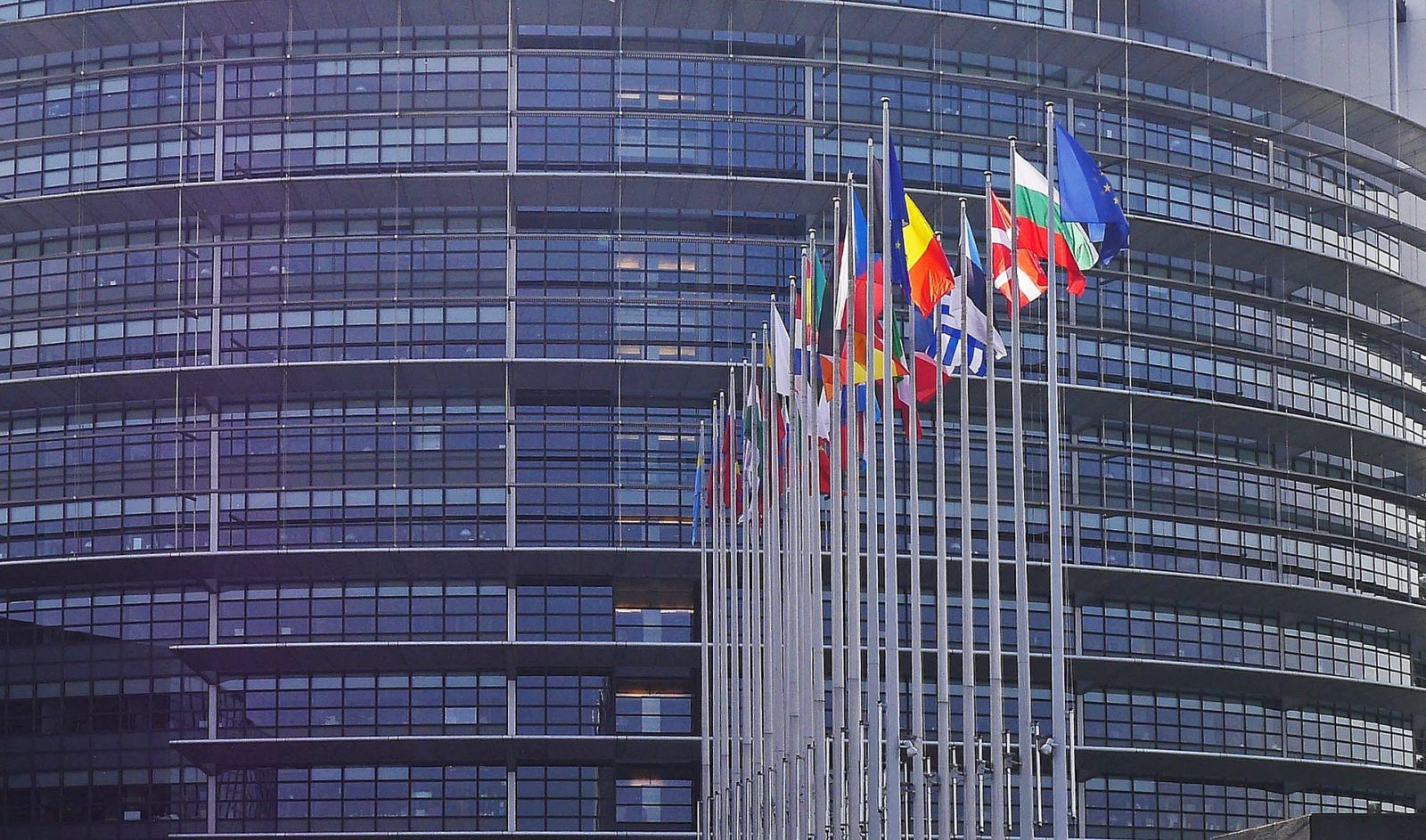 EU-parlamentin rakennus, jonka edessä jäsenvaltioiden liput liehumassa.