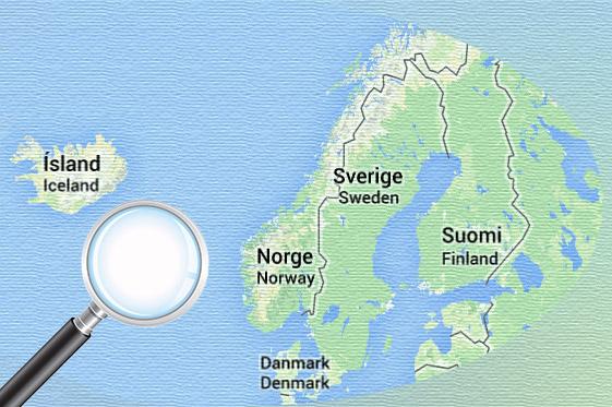 Pohjoismaiden karttakuva ja suurennuslasi