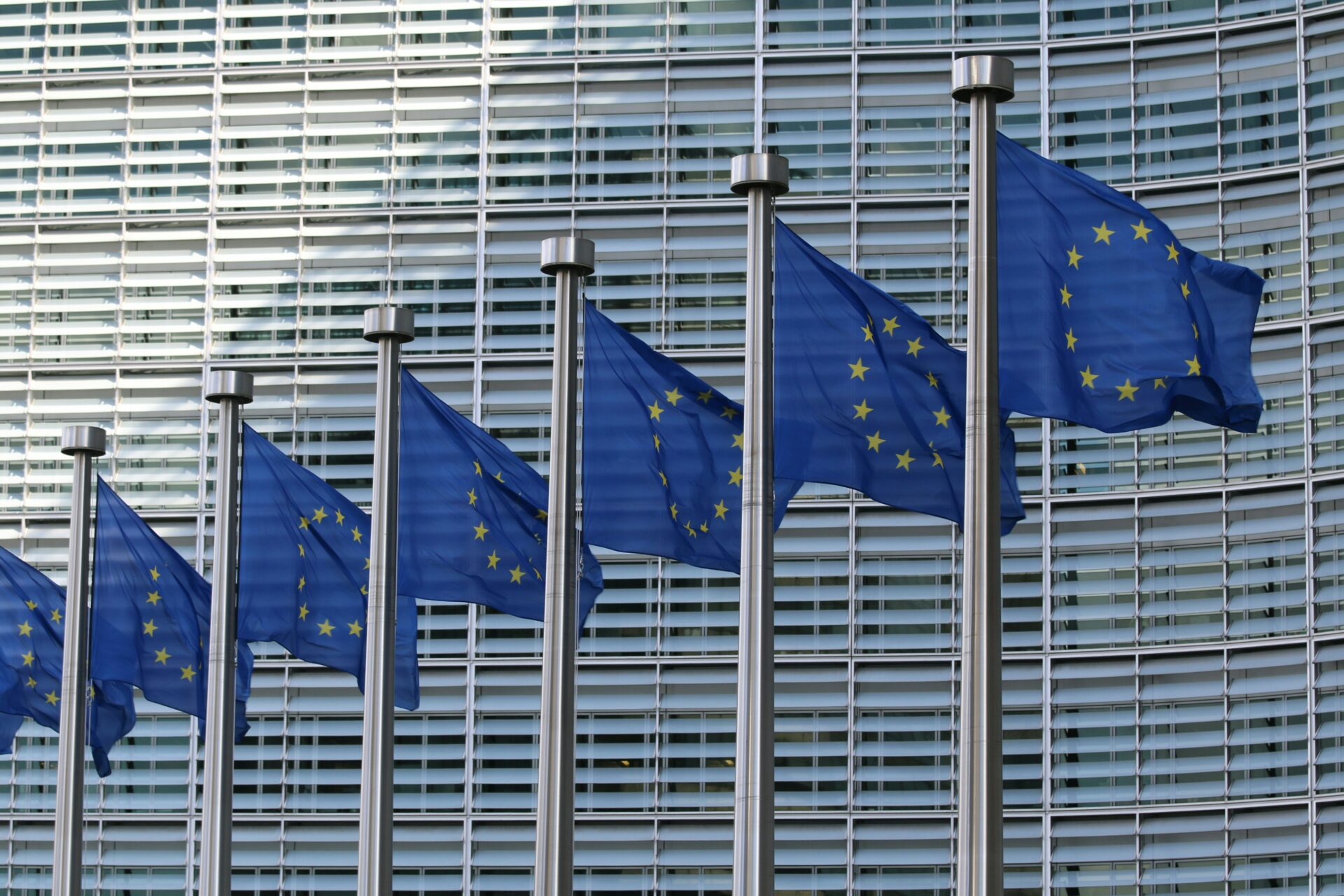 EU-liput liehuvat suuren rakennuksen edessä
