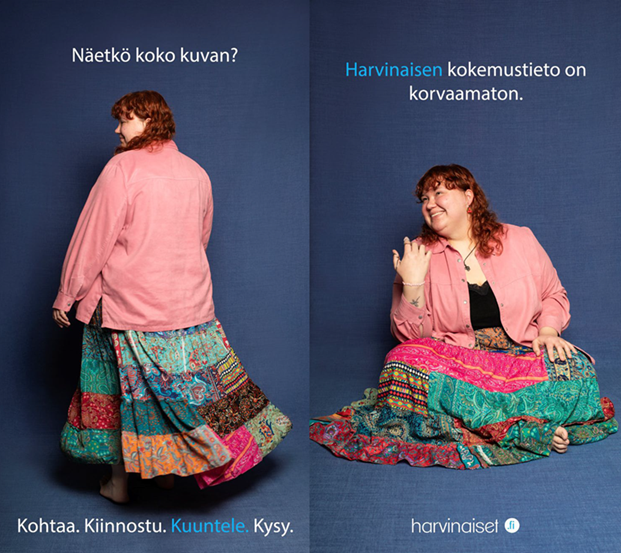Harvinaisen kokemustieto on korvaamaton -kampanjan kuvitusta. kaksi kuvaa yhdistetynä. Ensimmäisessä nuori nainen selin kameraan, kasvoista näkyy vain sivuprofiili. Toisessa kuvassa sama nuori nainen istuu hymyillen kasvot kameraan päin.